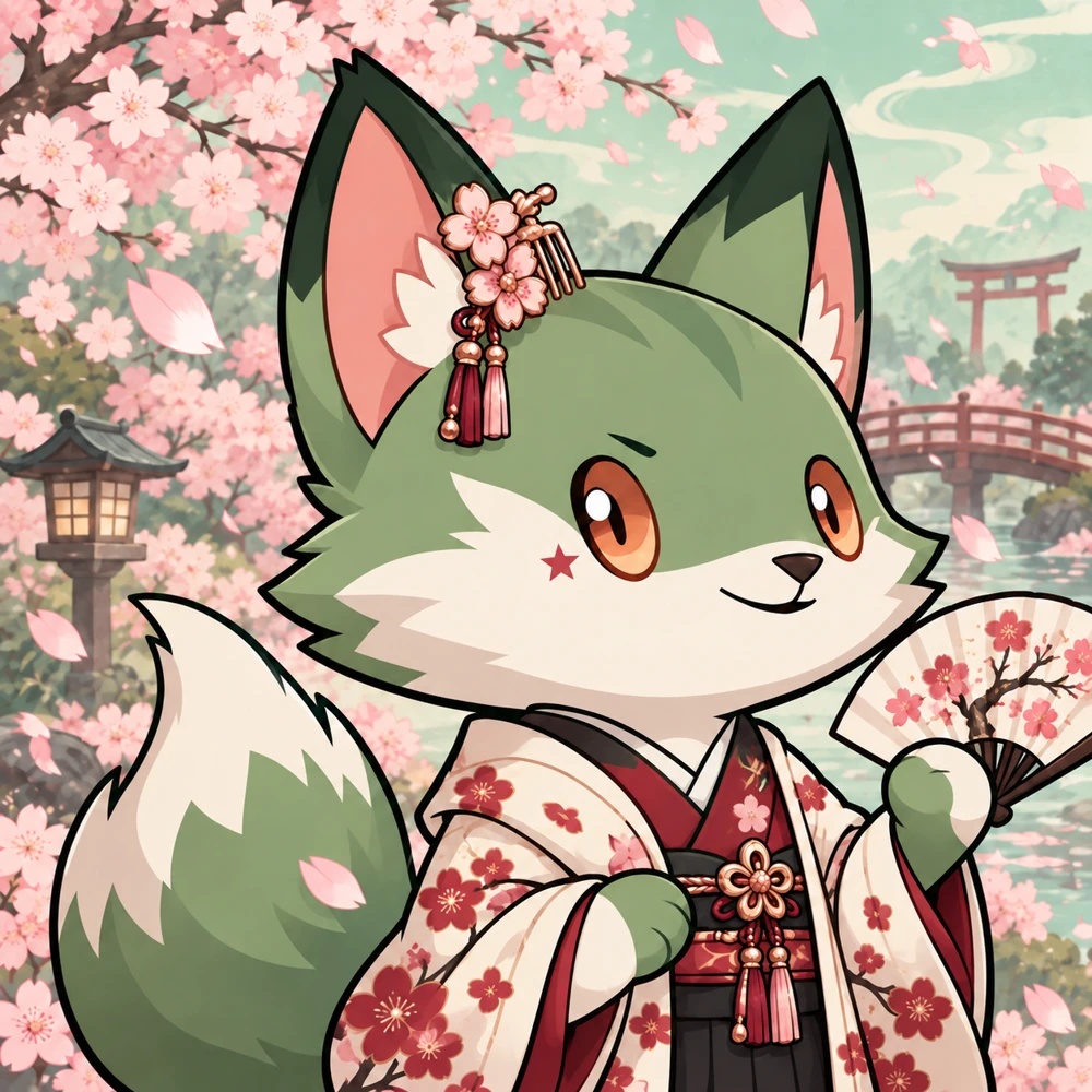 Sakura fox in a kimono beneath cherry blossoms