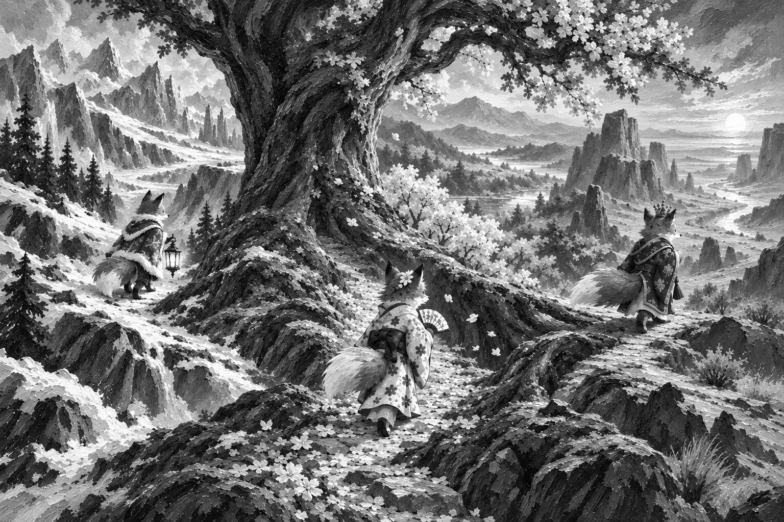 Three fox travelers follow separate woodland paths toward snowy mountains, a blossom valley, and desert mesas in a monochrome painting.